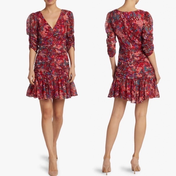 Tanya Taylor Womens Red Leopard Floral Print Pansy Silk Mini Ruffle Dress Sz 2 - Picture 1 of 10